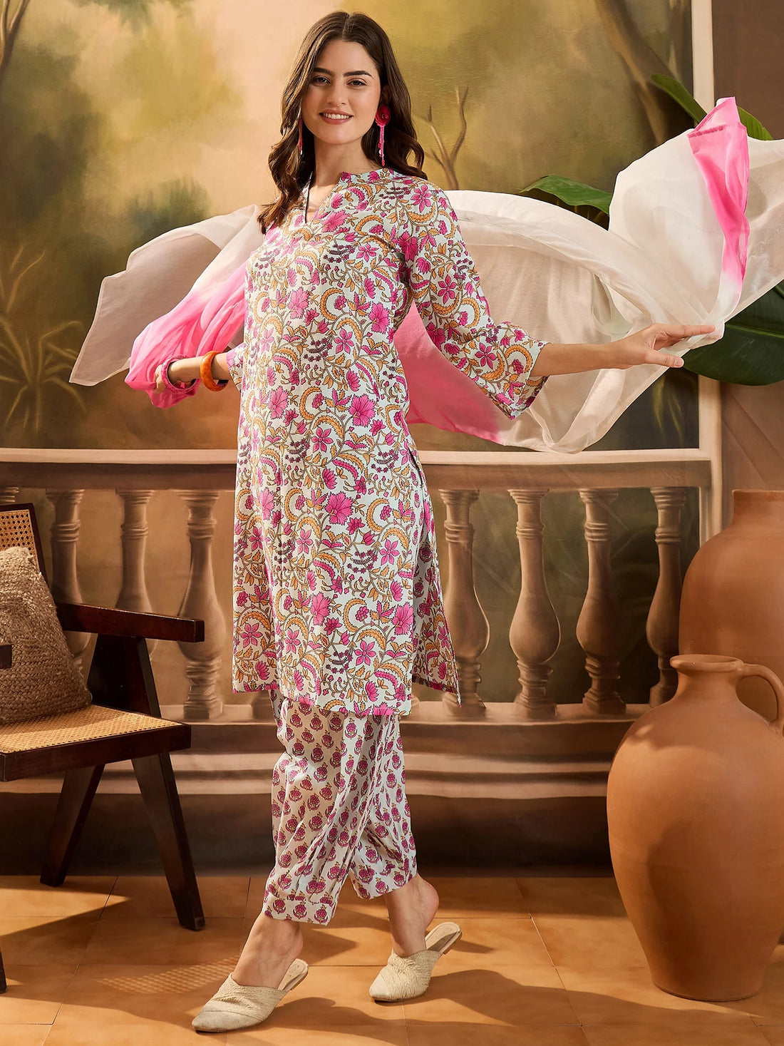 Light Blue Cotton Blend floral Print Straight Kurta With Afghani Pant And Dupatta Set