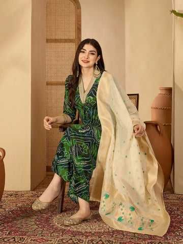 Green Viscose Rayon Bandhani Print and Embroidered Work Alia cut Kurta Palazzo and Dupatta Set