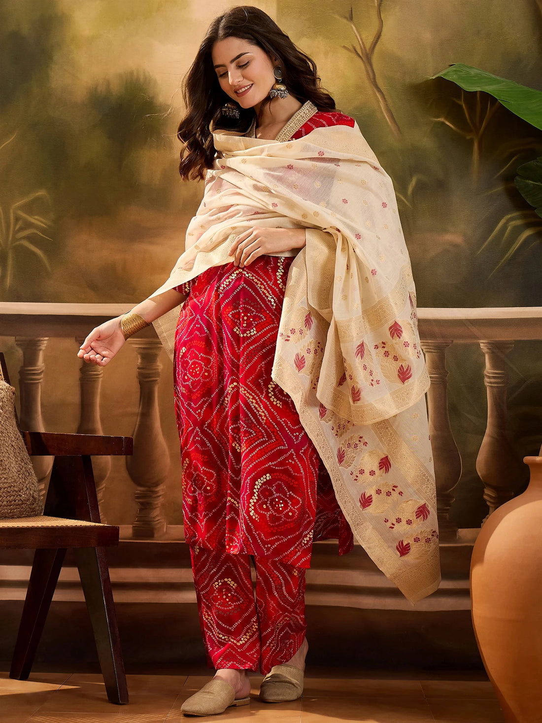 Pink Viscose Rayon Bandhani Print and Embroidered Work Alia cut Kurta Palazzo and Dupatta Set