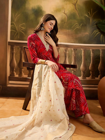 Pink Viscose Rayon Bandhani Print and Embroidered Work Alia cut Kurta Palazzo and Dupatta Set