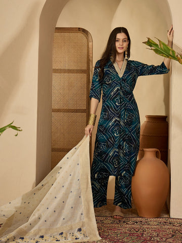 Teal Blue Viscose Rayon Bandhani Print and Embroidered Work Alia cut Kurta Palazzo and Dupatta Set