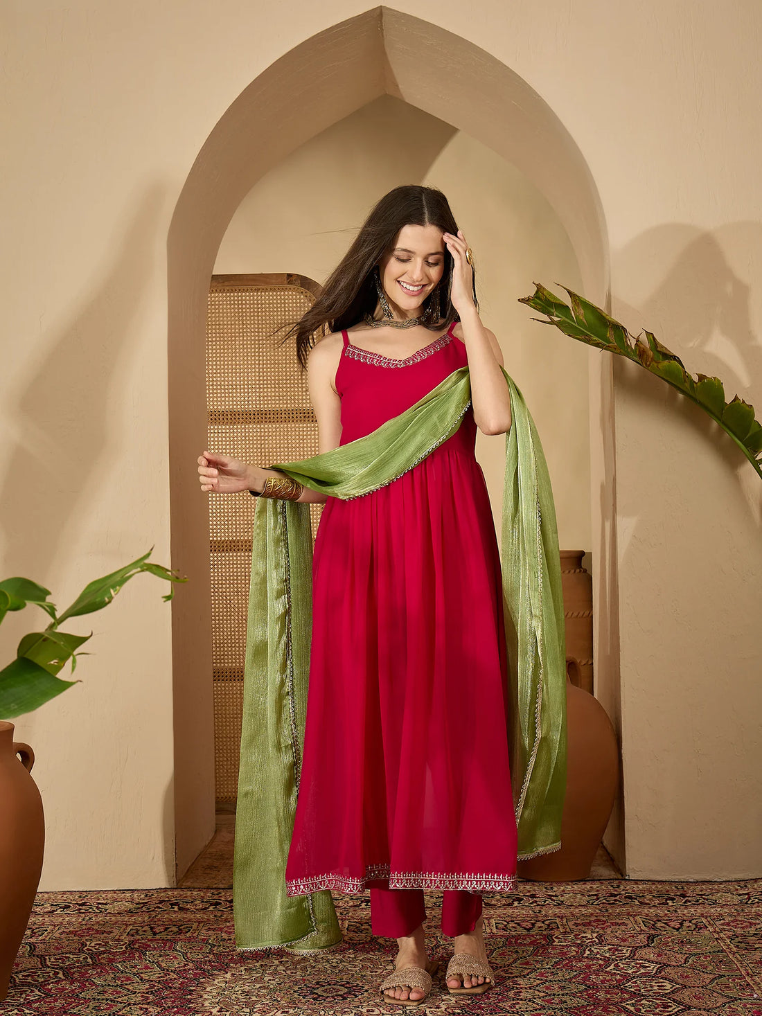 Cherry Red Georgette Embroidered Sleeveless Anarkali Kurta Pant with Dupatta Set