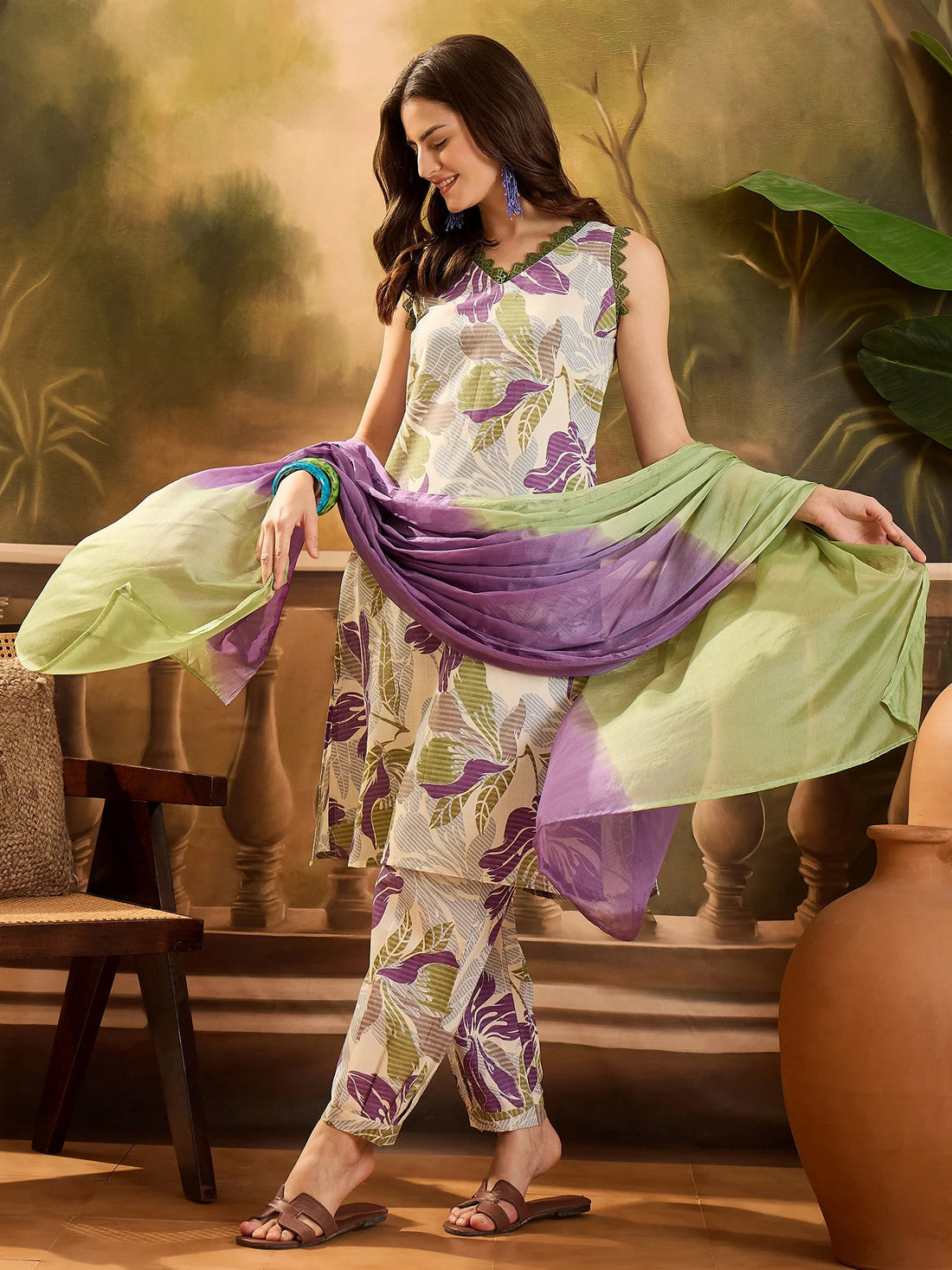 Purple & White Cotton Blend Floral Print Straight Sleeveless Kurta Salwar with Dupatta Set
