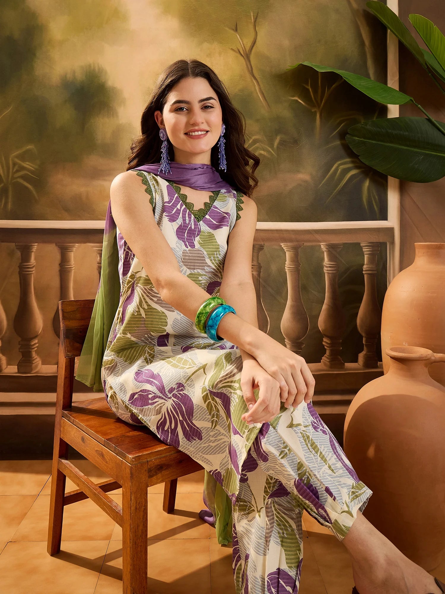 Purple & White Cotton Blend Floral Print Straight Sleeveless Kurta Salwar with Dupatta Set