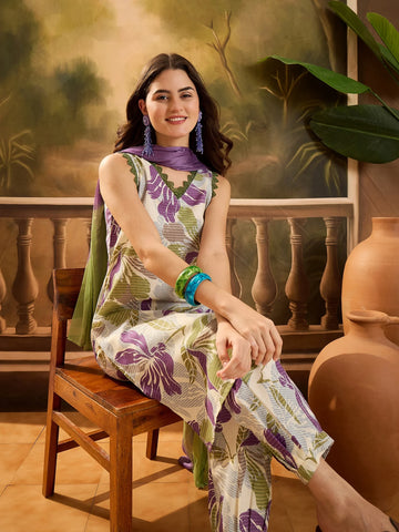 Purple & White Cotton Blend Floral Print Straight Sleeveless Kurta Salwar with Dupatta Set