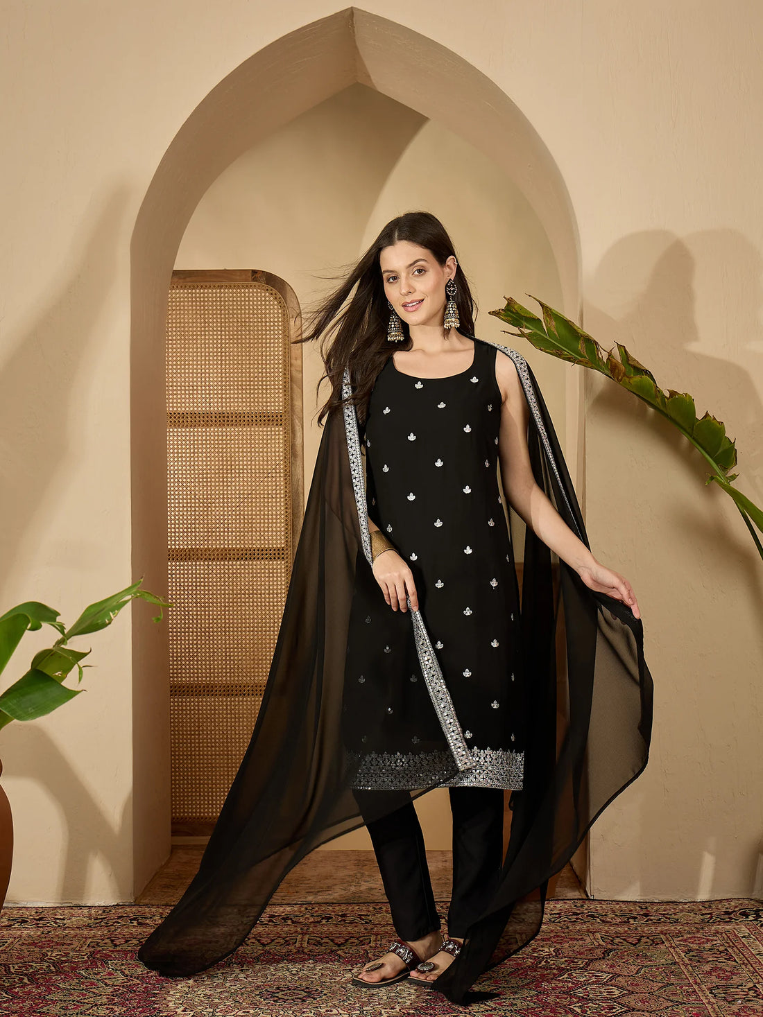 Black Georgette Embroidered Straight Kurta Pant With Dupatta Set