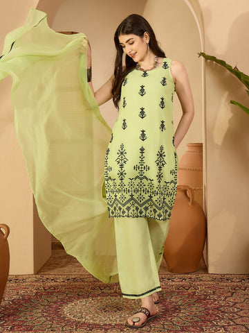 Light Green Georgette Embroidered Straight Kurta Palazzo With Dupatta Set