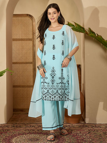 Sky Blue Georgette Embroidered Straight Kurta Palazzo With Dupatta Set