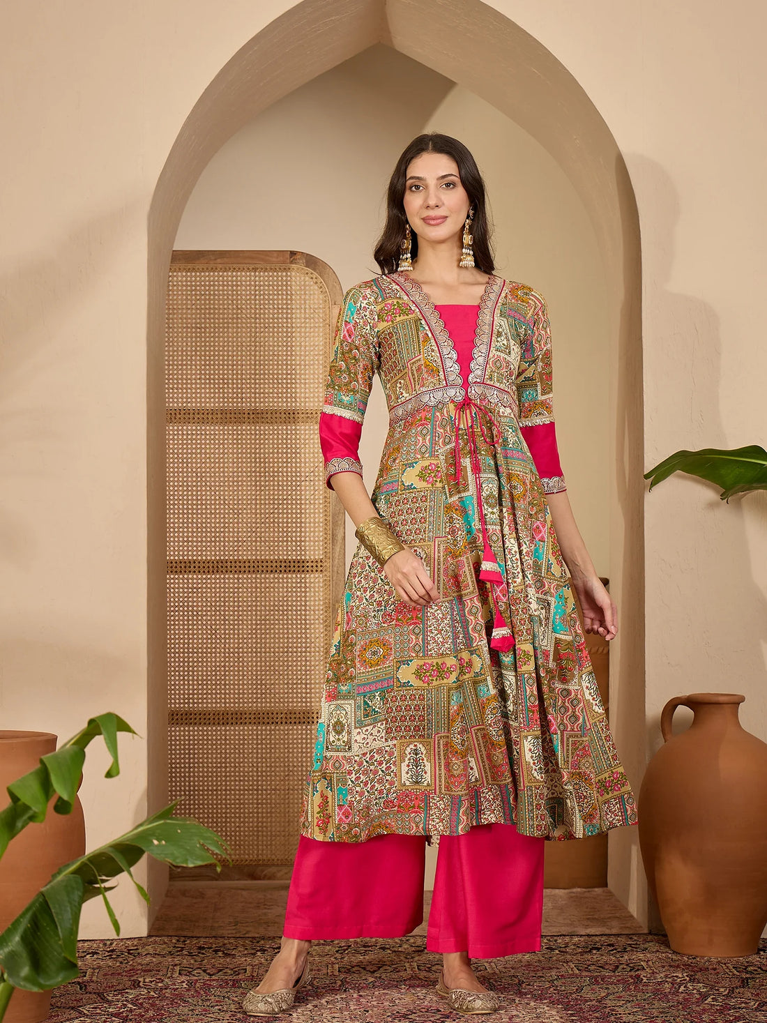 Beige Viscose Rayon Embroidered Anarkali Kurta Palazzo with Dupatta Set