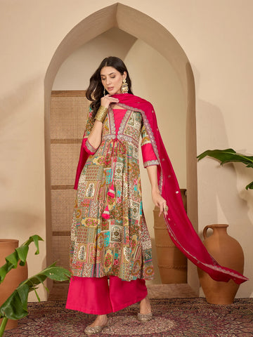 Beige Viscose Rayon Embroidered Anarkali Kurta Palazzo with Dupatta Set