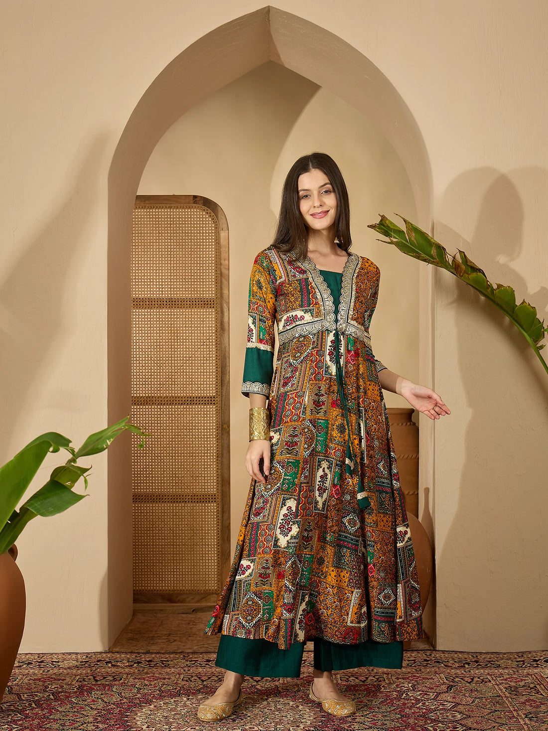 Mustard Viscose Rayon Embroidered Anarkali Kurta Palazzo with Dupatta Set