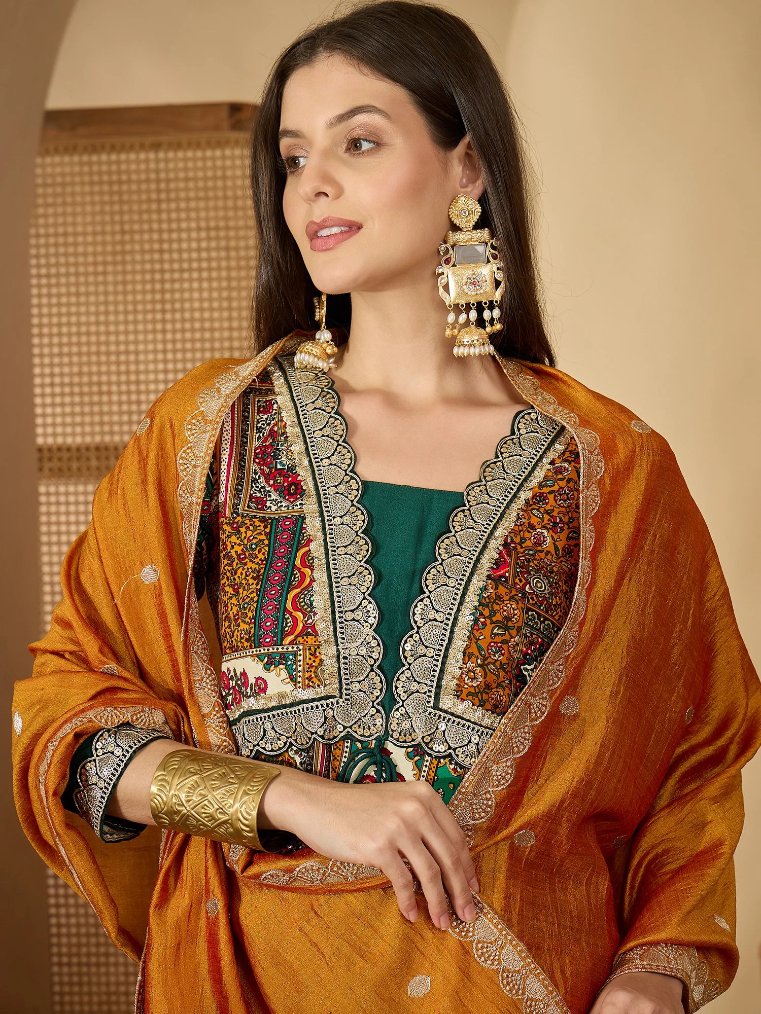 Mustard Viscose Rayon Embroidered Anarkali Kurta Palazzo with Dupatta Set