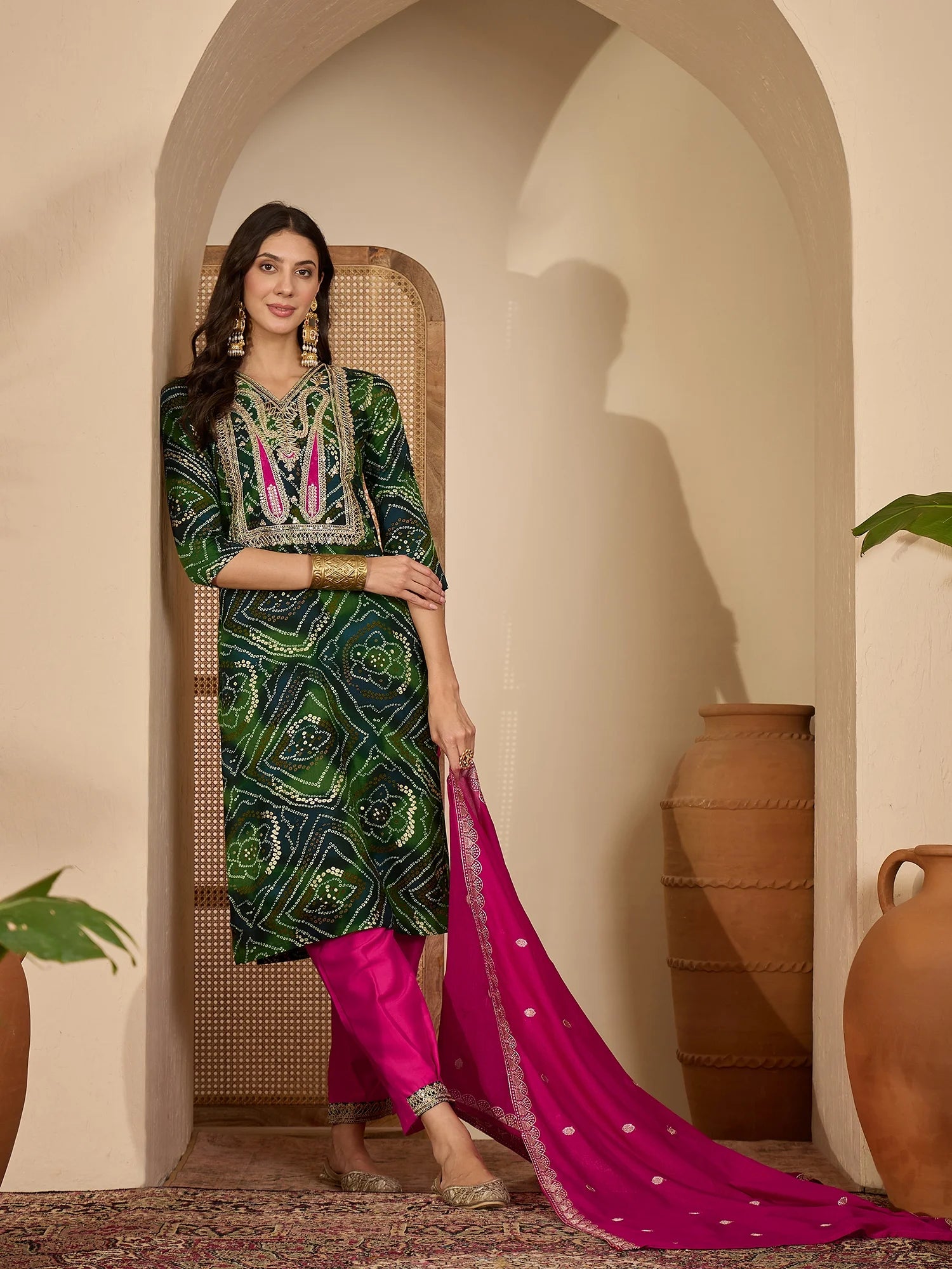 Green Rayon Bandhani Print and Embroidered Kurta Salwar and Dupatta Set
