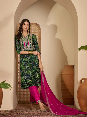 Green Rayon Bandhani Print and Embroidered Kurta Salwar and Dupatta Set