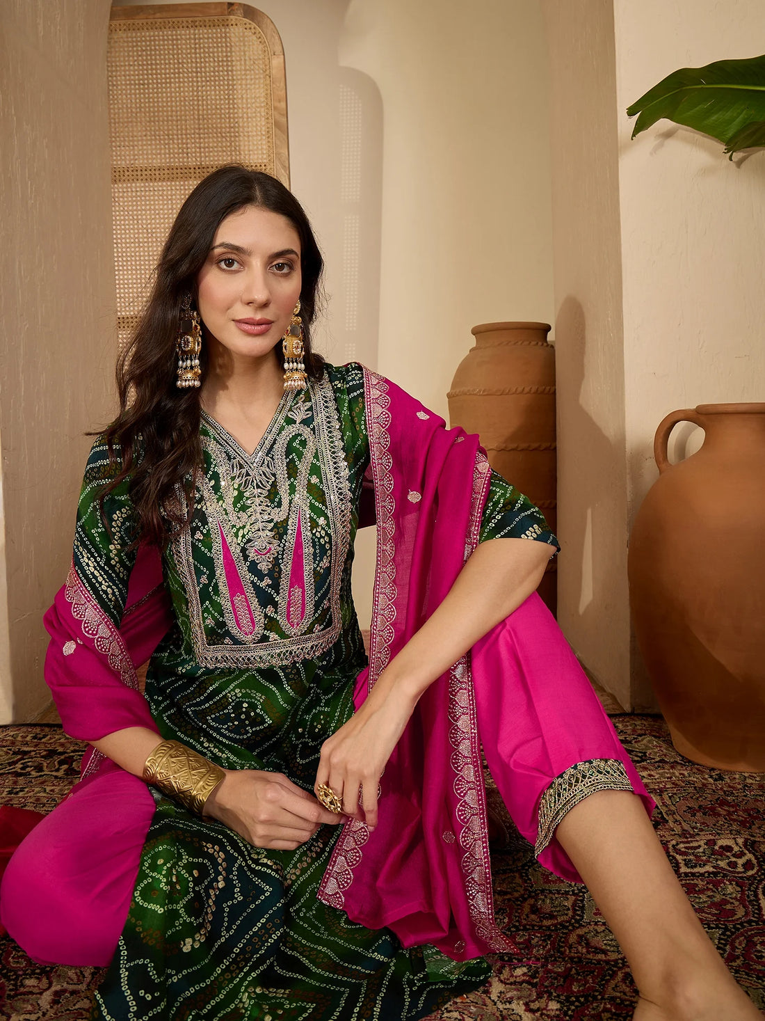 Green Rayon Bandhani Print and Embroidered Kurta Salwar and Dupatta Set