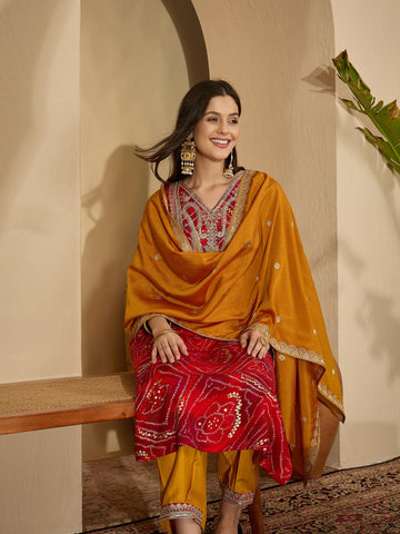 Pink Rayon Bandhani Print and Embroidered Kurta Salwar and Dupatta Set