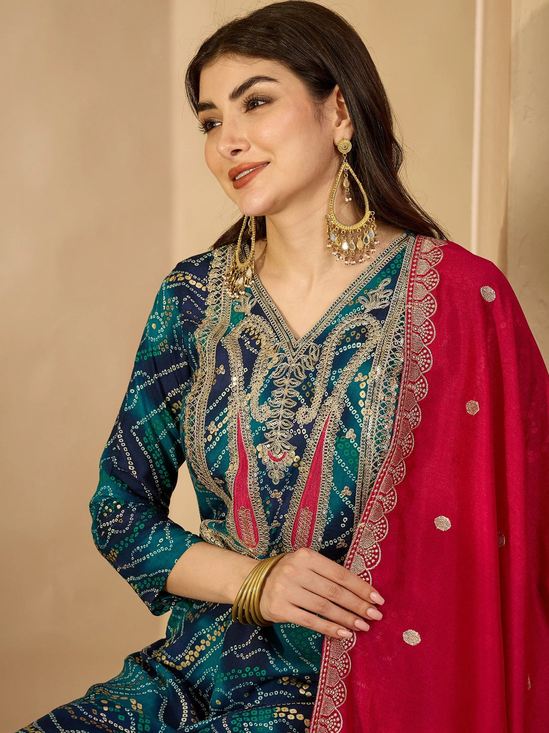 Teal Rayon Bandhani Print and Embroiderd Kurta salwar and Dupatta Set