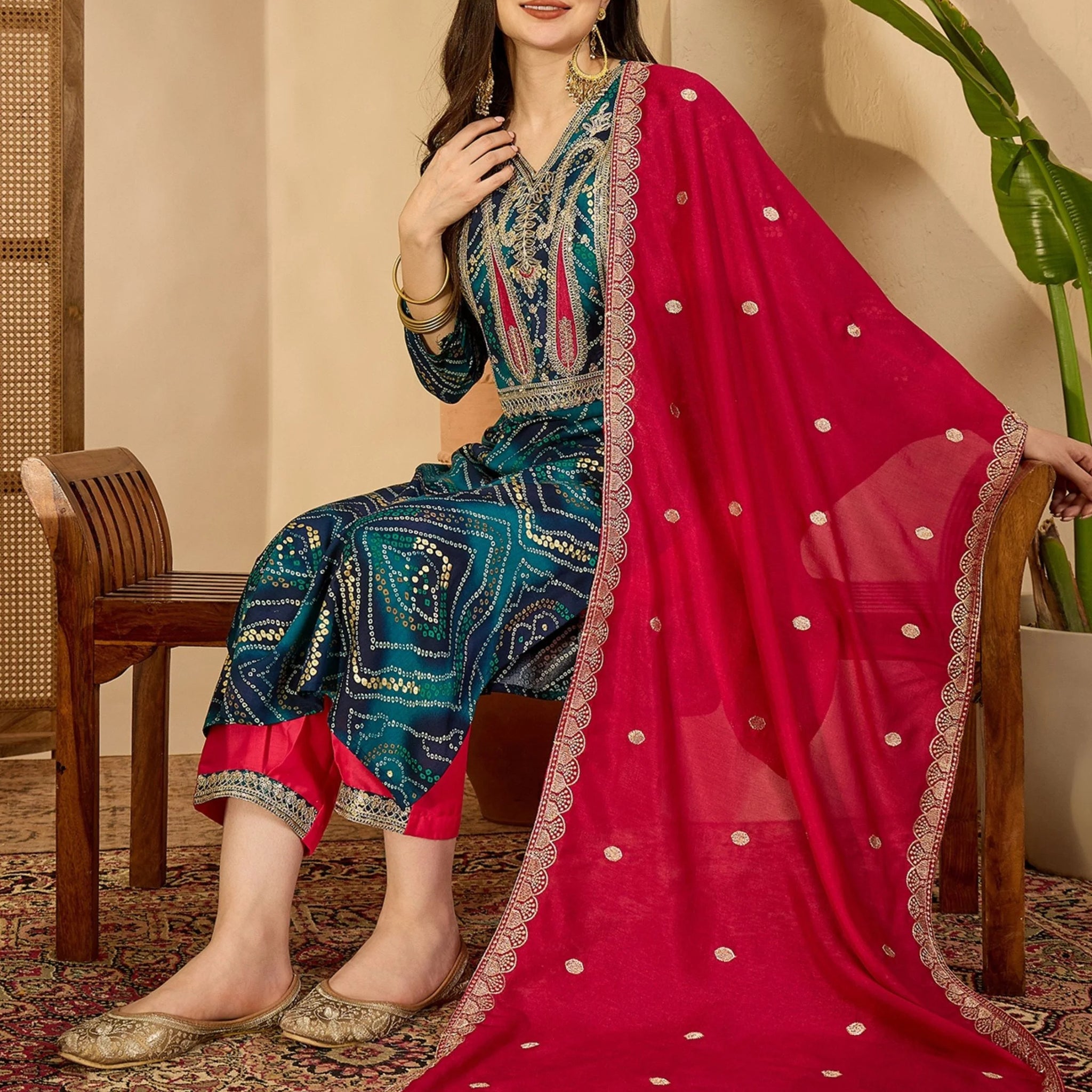 Teal Rayon Bandhani Print and Embroiderd Kurta salwar and Dupatta Set