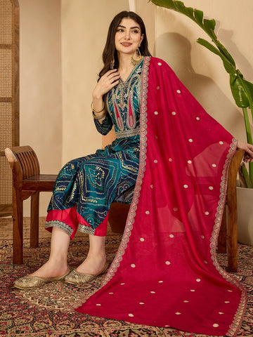 Teal Rayon Bandhani Print and Embroiderd Kurta salwar and Dupatta Set