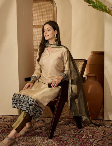 Gold Silk Blend Embroidered straight Kurta Pant with Dupatta Set