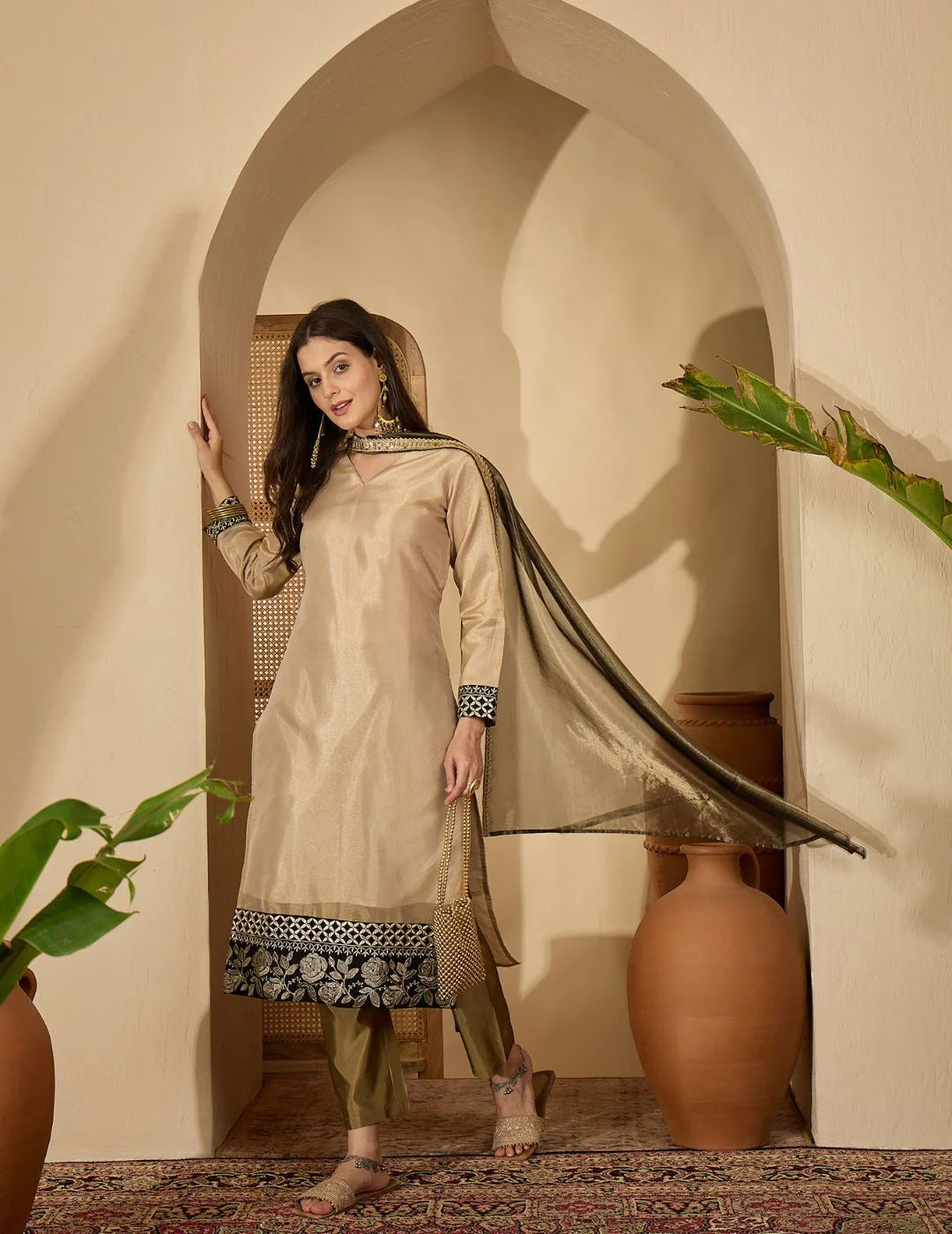 Gold Silk Blend Embroidered straight Kurta Pant with Dupatta Set