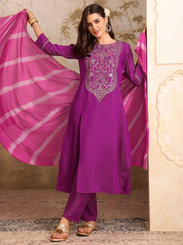 Purple Silk Blend Yoke Embroidery Embroidered A-line Kurta Pant With Dupatta Set