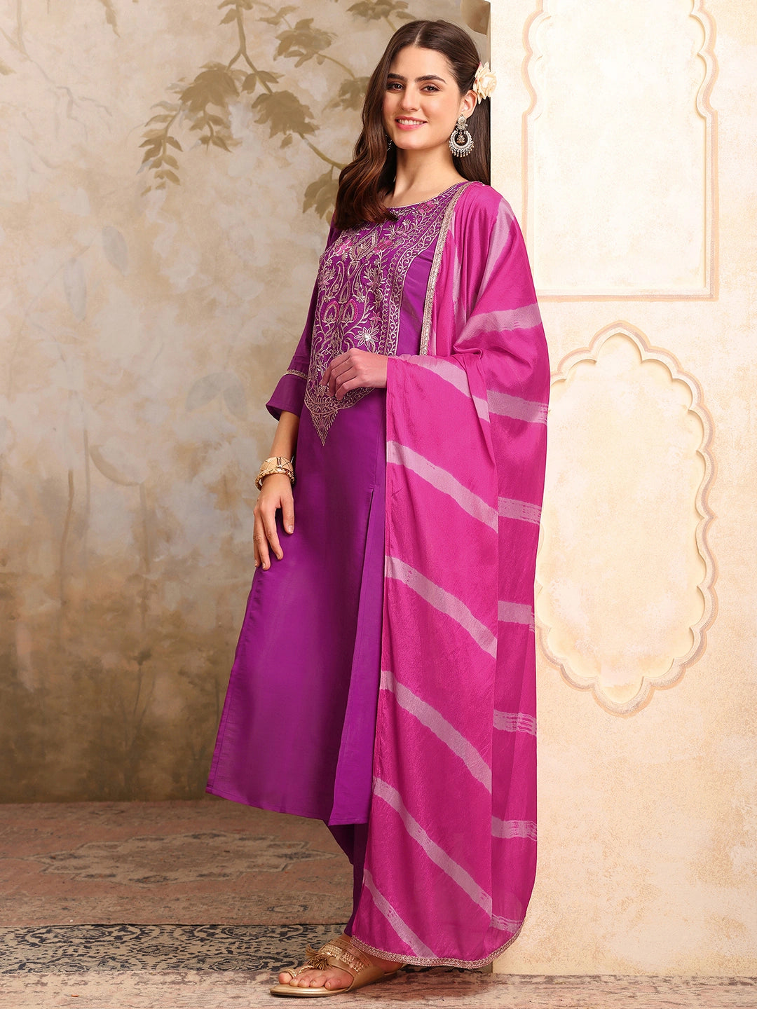 Purple Silk Blend Yoke Embroidery Embroidered A-line Kurta Pant With Dupatta Set