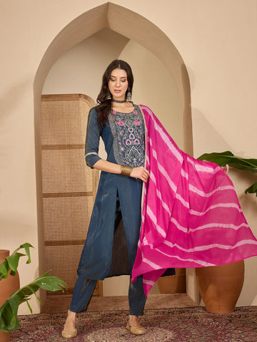 Teal Silk Blend Yoke Embroidery A-line Kurta Pant With Dupatta Set