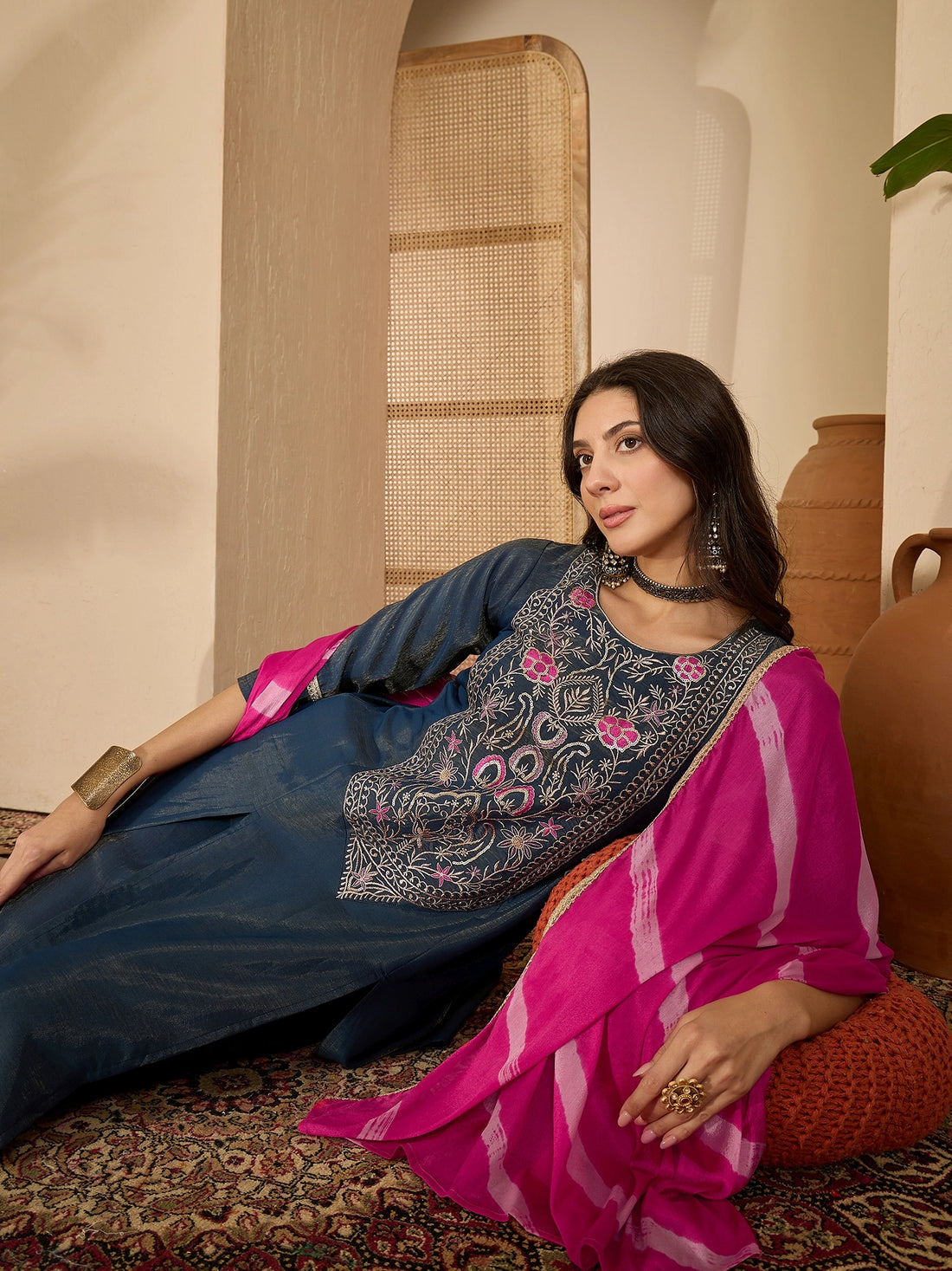 Teal Silk Blend Yoke Embroidery A-line Kurta Pant With Dupatta Set