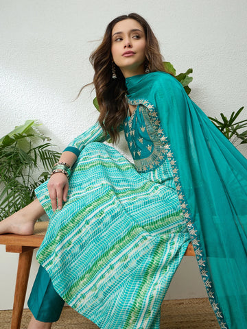 Rama Viscose Rayon Yoke Embroidery And shibori print Anarkali Kurta Pant with Dupatta Set