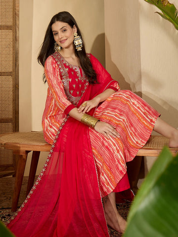Red Viscose Rayon Yoke Embroidery And shibori print Anarkali Kurta Pant with Dupatta Set