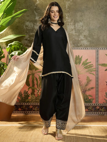 Black Cotton Silk Embroidered Straight Kurta And farshi Salwar With Dupatta Set