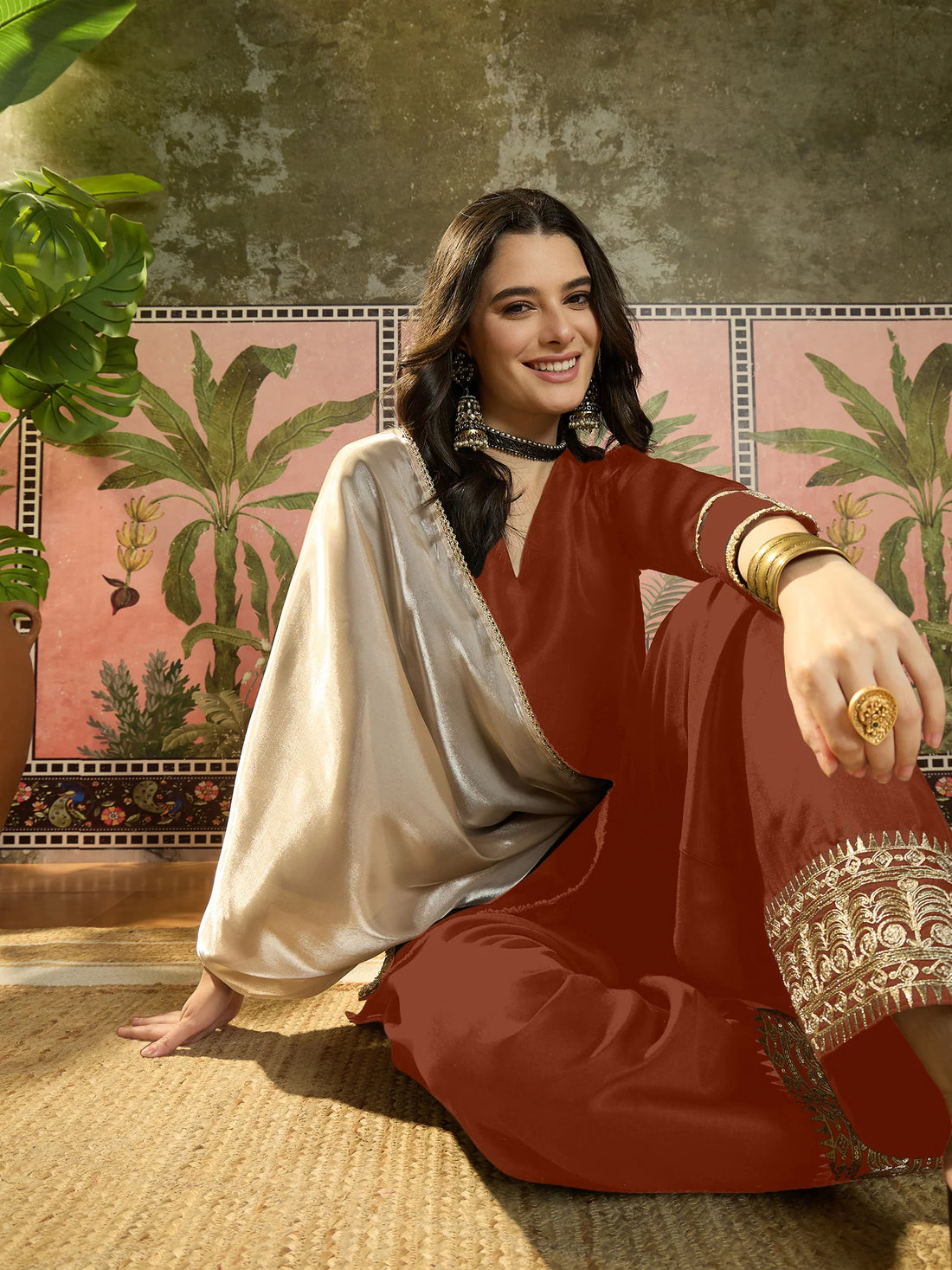 Rust Cotton Silk Embroidered Straight Kurta And farshi Salwar With Dupatta Set