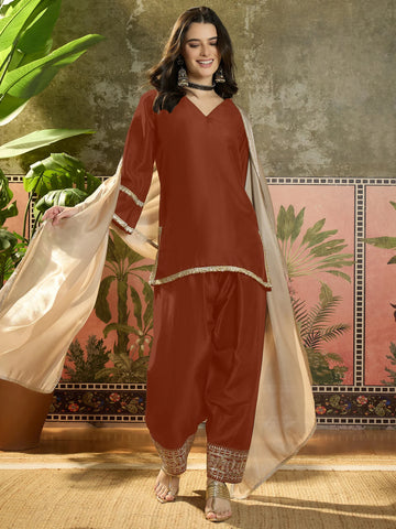 Rust Cotton Silk Embroidered Straight Kurta And farshi Salwar With Dupatta Set