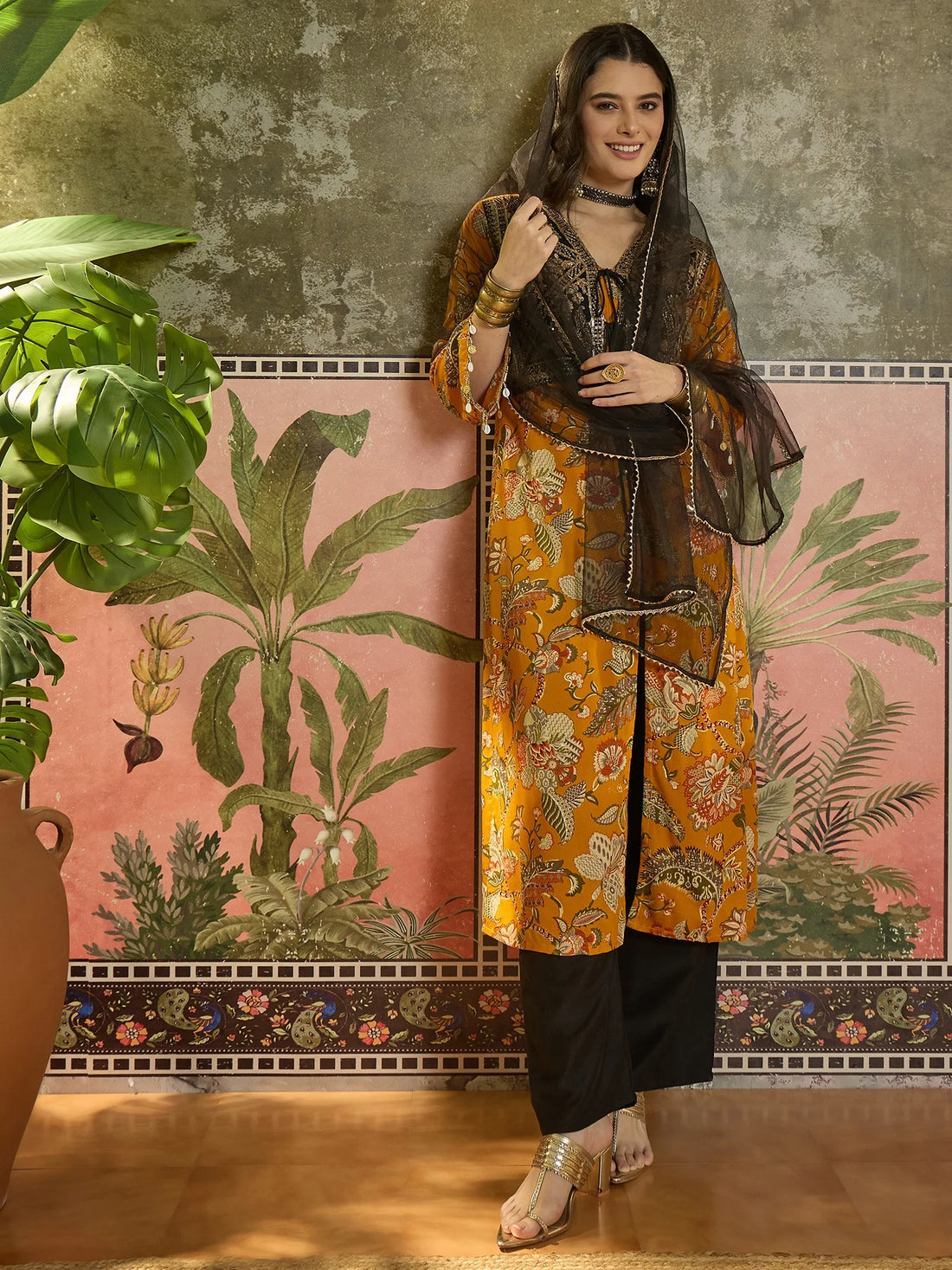 Gold Viscose Rayon Floral Printed & Embroidered A-line Kurta palazzo With Dupatta Set
