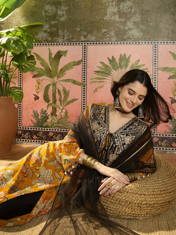 Gold Viscose Rayon Floral Printed & Embroidered A-line Kurta palazzo With Dupatta Set