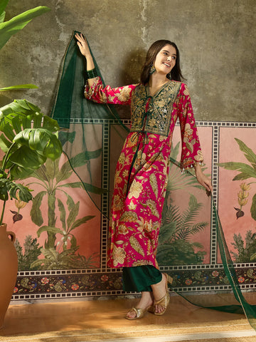 Pink Viscose Rayon Floral Printed & Embroidered A-line Kurta palazzo With Dupatta Set