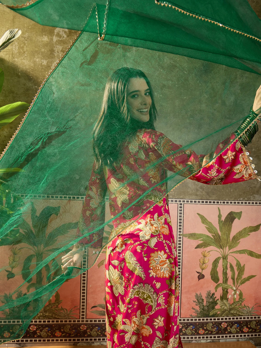 Pink Viscose Rayon Floral Printed & Embroidered A-line Kurta palazzo With Dupatta Set