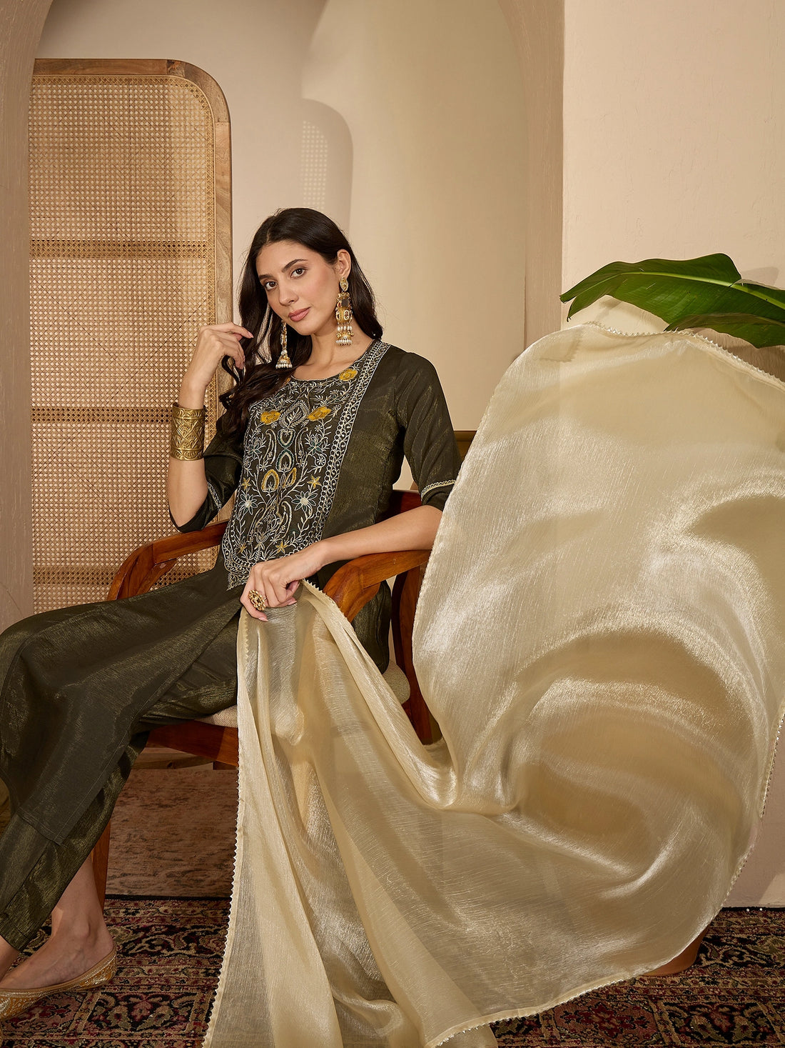 Green Silk Blend Yoke Embroidery A-line Kurta Pant With Dupatta Set