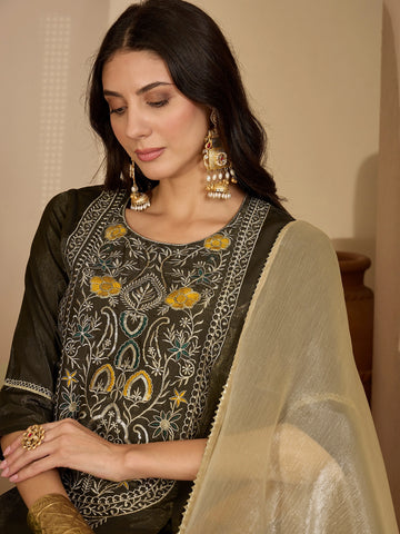 Green Silk Blend Yoke Embroidery A-line Kurta Pant With Dupatta Set