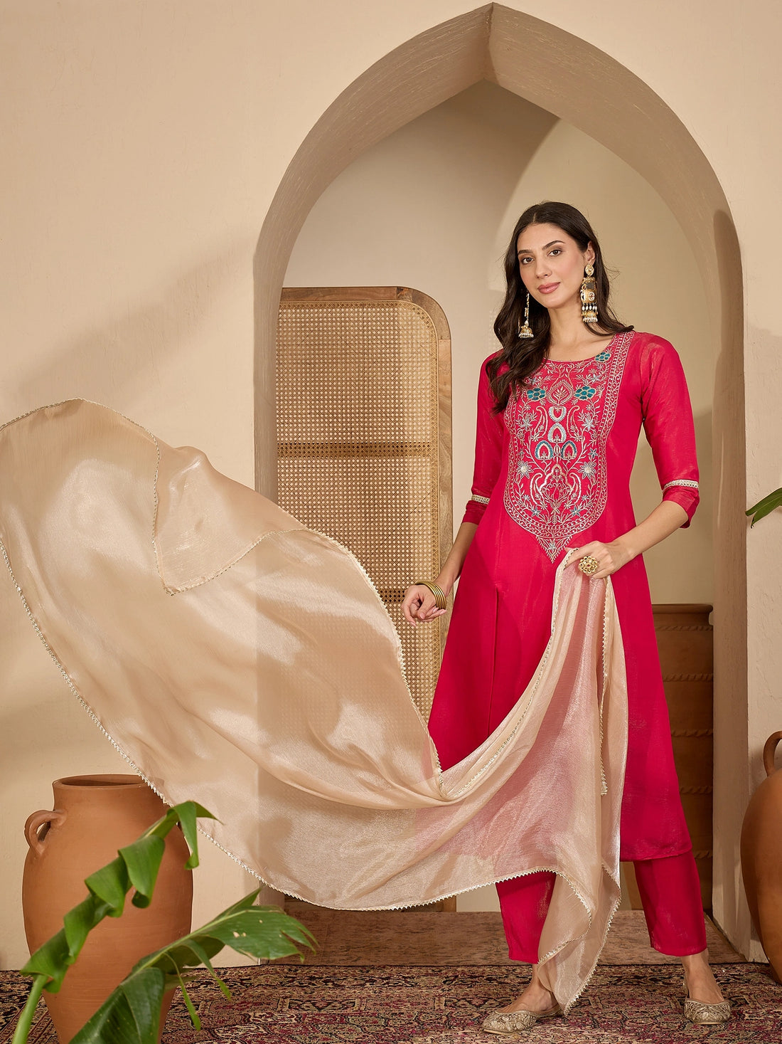 Pink Silk Blend Yoke Embroidery Kurta Pant With Dupatta Set