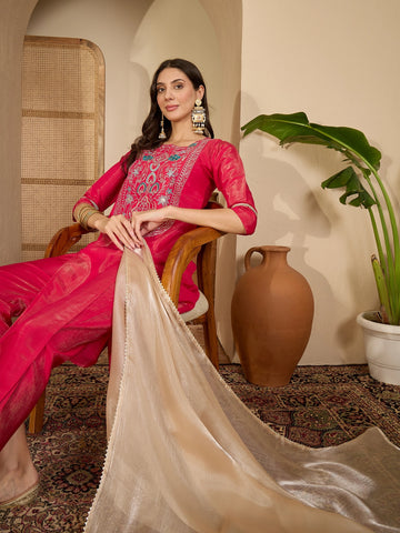 Pink Silk Blend Yoke Embroidery Kurta Pant With Dupatta Set