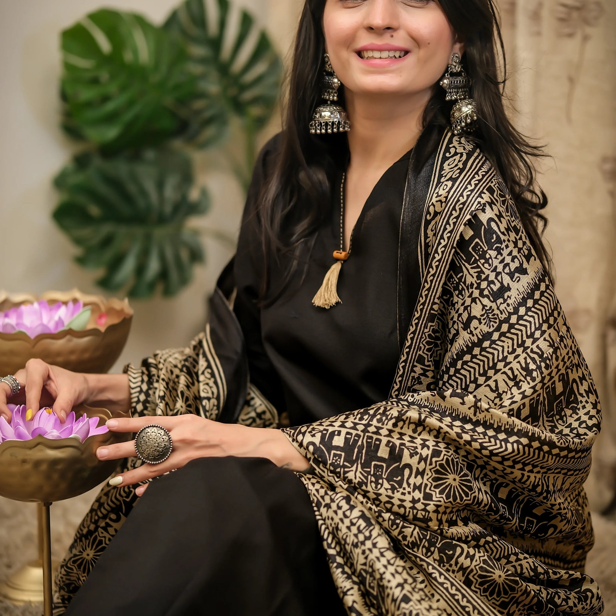 Black Cotton Blend Solid straight Kurta Pant with Digital Print Dupatta Set