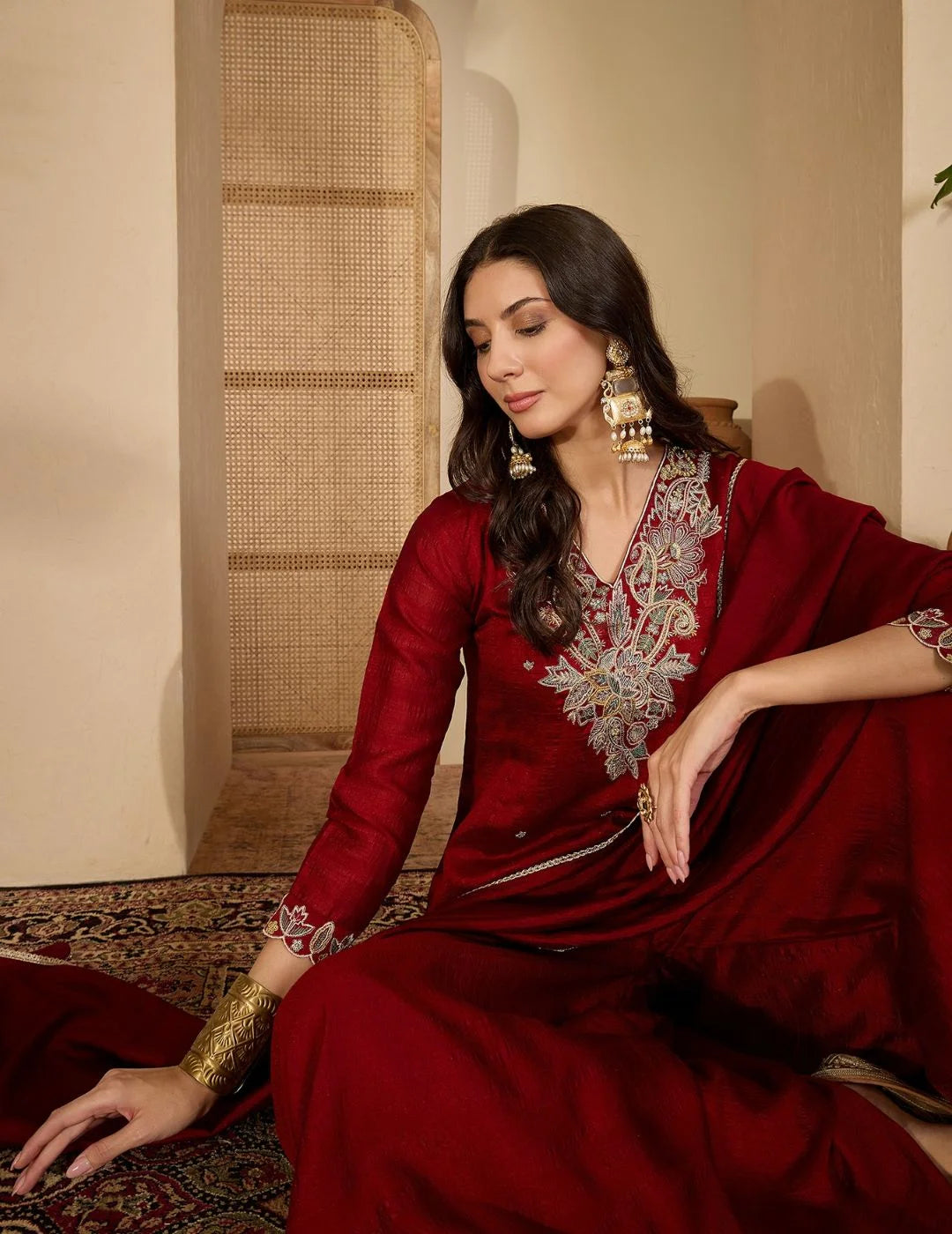 Maroon Vichitra Silk Embroidered A-Line Kurta with Umbrella Palazzo & Dupatta Set