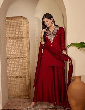 Maroon Vichitra Silk Embroidered A-Line Kurta with Umbrella Palazzo & Dupatta Set
