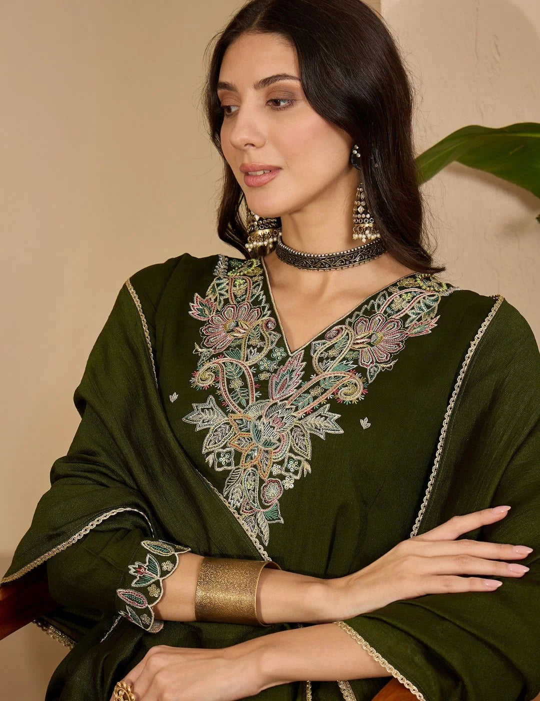 Green Vichitra Silk Embroidered A-Line Kurta with Umbrella Palazzo & Dupatta Set