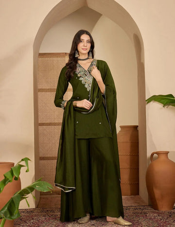 Green Vichitra Silk Embroidered A-Line Kurta with Umbrella Palazzo & Dupatta Set