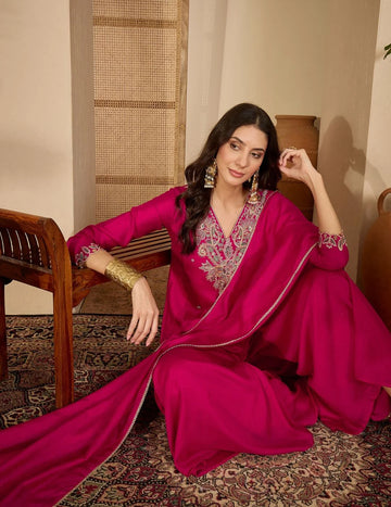 Pink Vichitra Silk Embroidered A-Line Kurta with Umbrella Palazzo & Dupatta Set