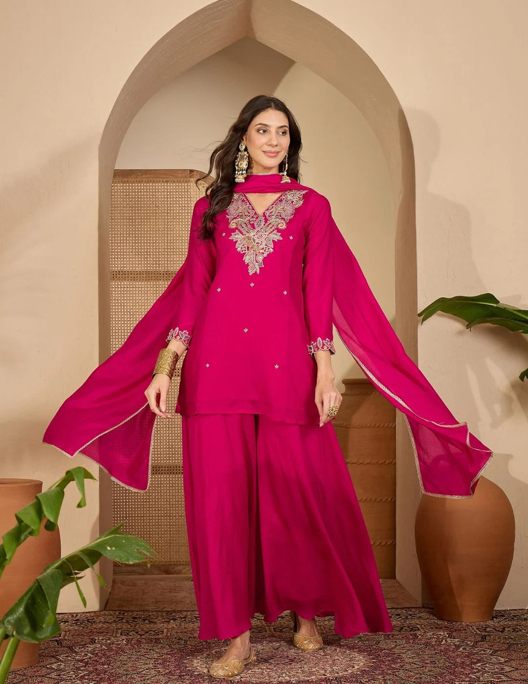 Pink Vichitra Silk Embroidered A-Line Kurta with Umbrella Palazzo & Dupatta Set