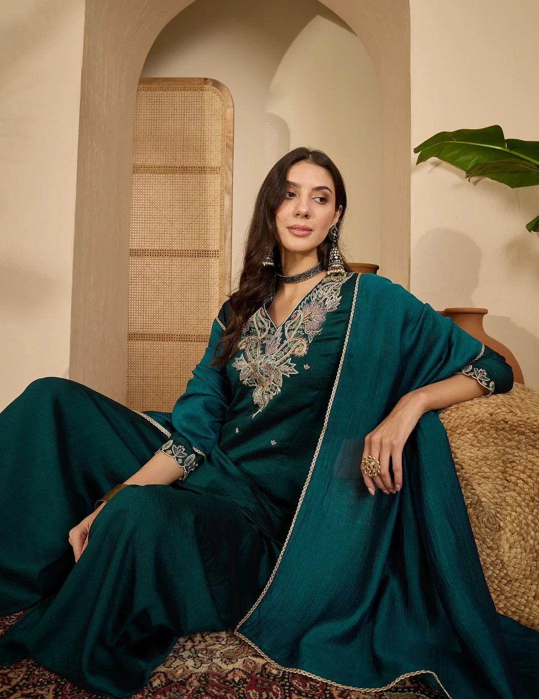 Teal Blue Vichitra Silk Embroidered A-Line Kurta with Umbrella Palazzo & Dupatta Set